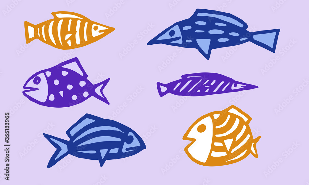 Collection of hand drawn vector illustration of fish. Doodle outline illustration of sea creature isolated on purple background. Cute drawing for children. Design element
