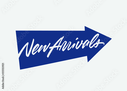 An arrow icon with a brush script "New Arrivals" lettering inside, perfect for using for banners, online store designs, prints etc. Editable colour and size.