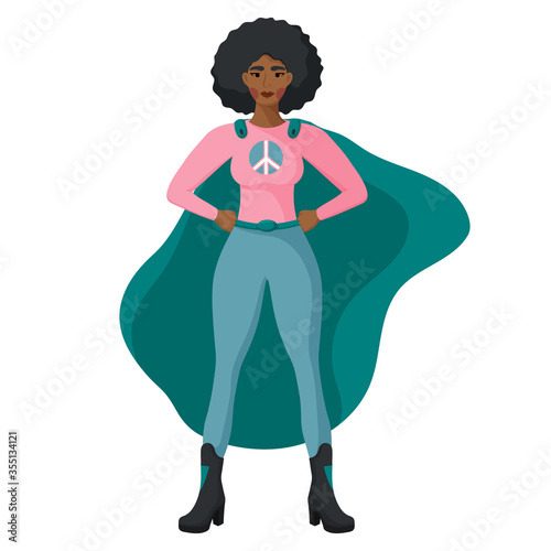 Superhero woman character. Concept of racism, discrimination, feminism, freedom, independence, equality. Vector illustration.