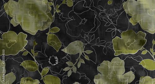 art graphic and watercolor autumn monochrome background with sketching leaves and flowers in black, gray and white