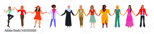 Happy women of different nationalities standing together and holding their hands. Flat cartoon characters isolated on white background.