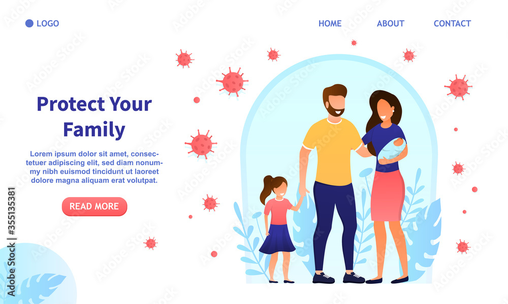 Happy attractive young family with kid and baby protected from viruses. The concept of family health or vaccination. Health safety. Prevention from diseases. Strong immunity. Flat Vector Illustration Happy attractive young family with kid and baby protected from viruses. The concept of family health or vaccination. Health safety. Prevention from diseases. Strong immunity. Flat Vector Illustration