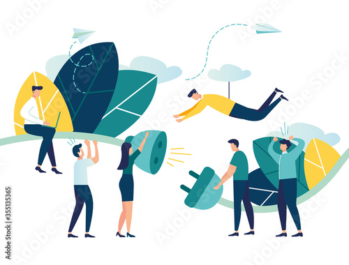 Business concept vector illustration, bug 404, disconnection from the Internet, unavailable, few people get angry, the network is broken, people try to attach a cable