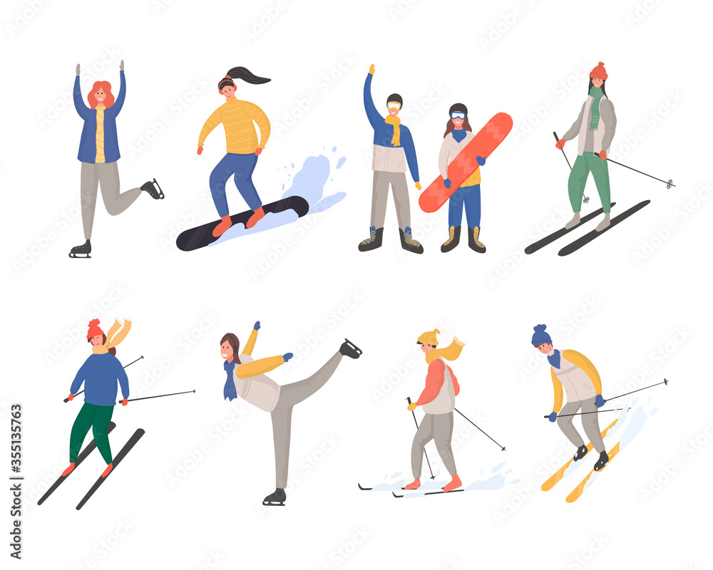 Group of people in winter clothes doing winter activities vector flat cartoon illustration. Group of people in winter clothes doing winter activities vector flat cartoon illustration.