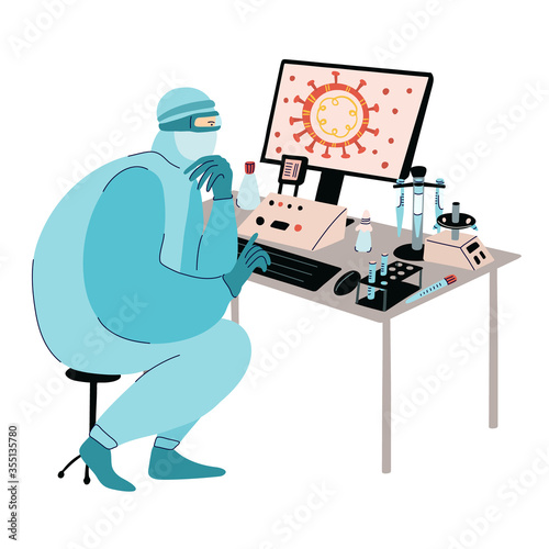 Virologist scientist studies coronavirus to protect people health. Laboratory with research equipment for 
vaccine development. Vector illustration isolated on white background.