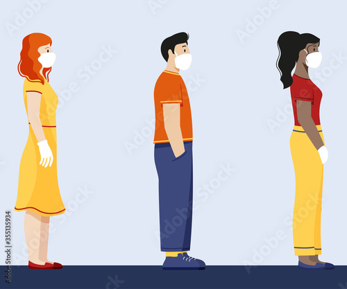 the queue of people waiting behind the line in gloves and masks prevention of coronavirus flat illustration of the rules for preventing the spread of covid-19 and social distance