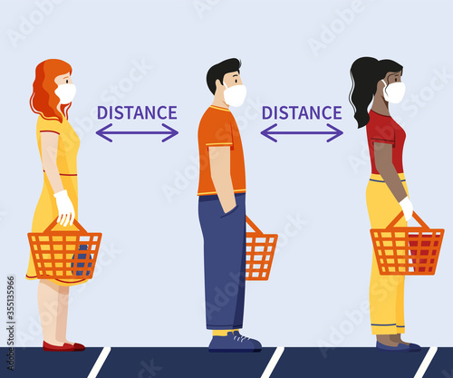 the queue of people waiting behind the line in gloves and masks prevention of coronavirus flat illustration of the rules for preventing the spread of covid-19 and social distance