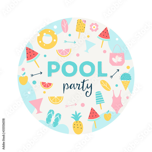 Summer Pool or Beach Party Round Sign. Poster, Flyer or Invitation Card Vector Design