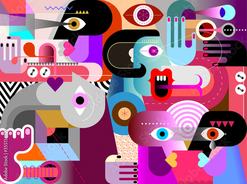 Modern abstract art graphic illustration with ordinary people and geometric shapes. The interaction of people with each other.