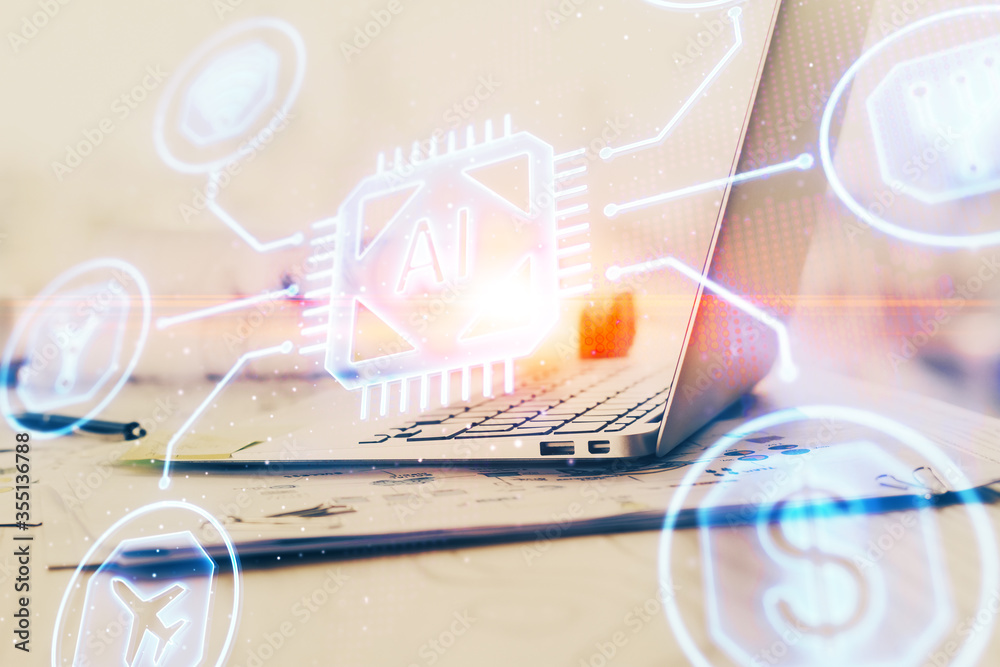 Double exposure of desktop with personal computer on background and tech theme drawing. Concept of data analysis. Double exposure of desktop with personal computer on background and tech theme drawing. Concept of data analysis.