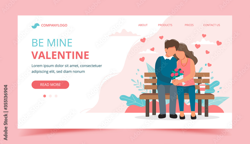 Valentine s day with couple sitting on the bench. Landing page design template, illustration in flat style