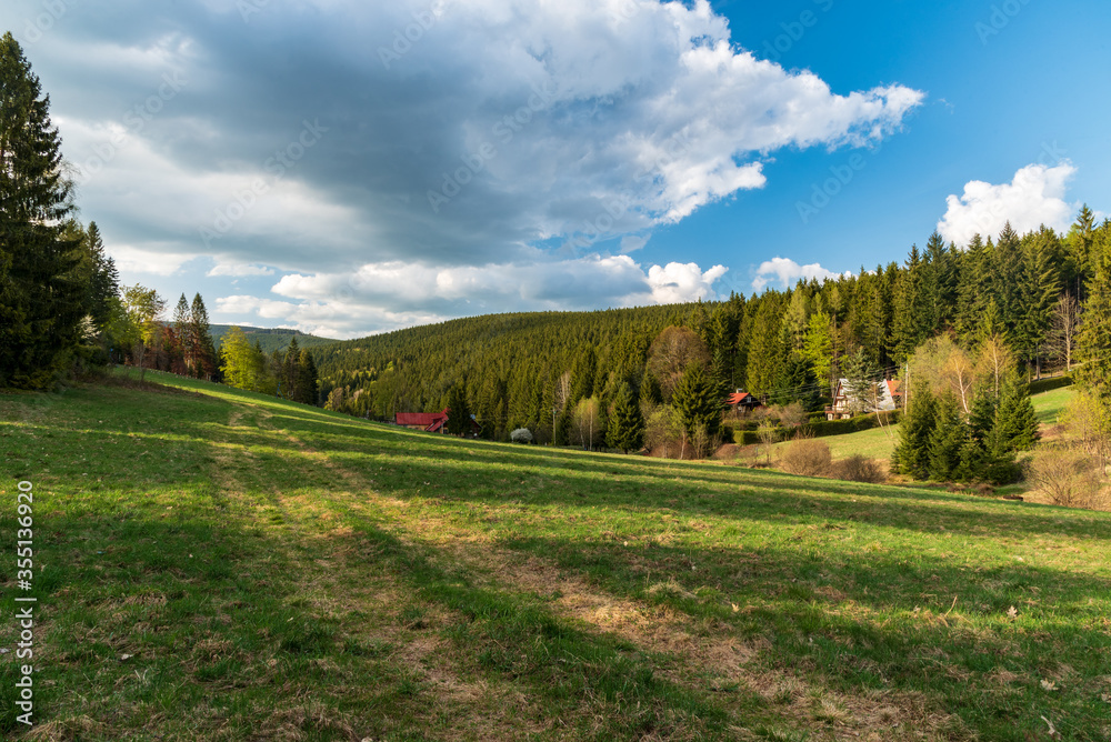 Springtime evening on Visalaje in Moravskoslezske Beskydy mountains in Czech republic