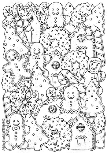 Christmas gingerbread cookies. Coloring book page for adults and children. Black and white.
