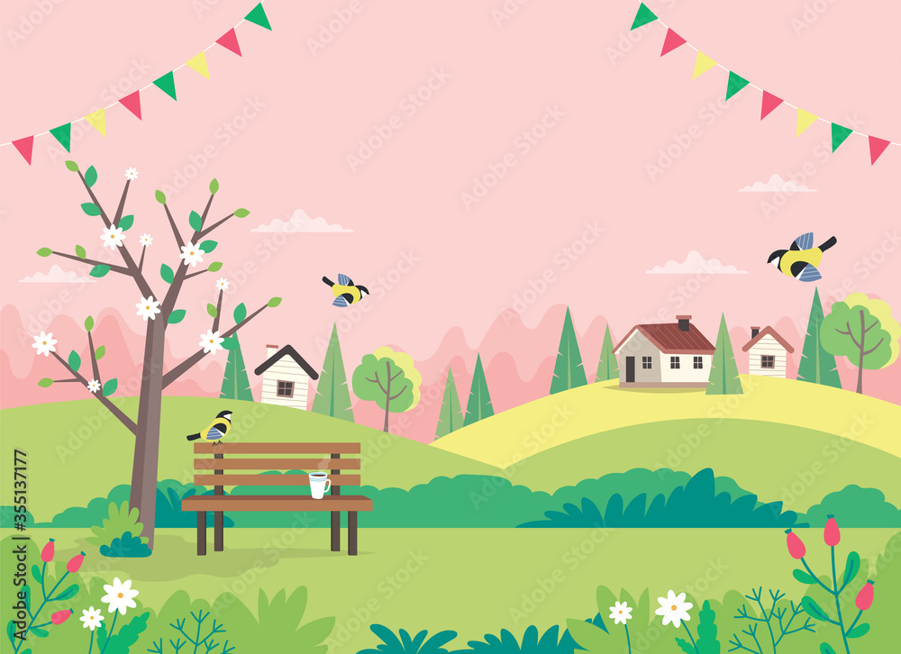 Hello spring, landscape with bench, houses, fields and nature. Decorative garlands. Cute illustration in flat style