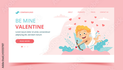 Valentine s day with cupid. Landing page design template, illustration in flat style