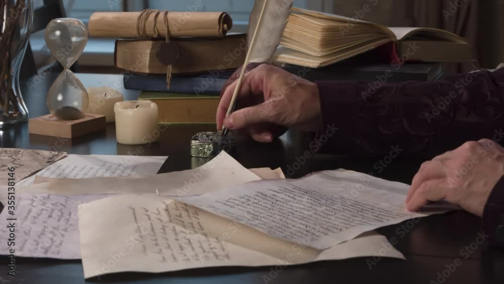 Writer Rereads and Appends the Manuscript. Medieval writer rereads text on a sheet of old paper and appends with a pen at the bottom a few lines