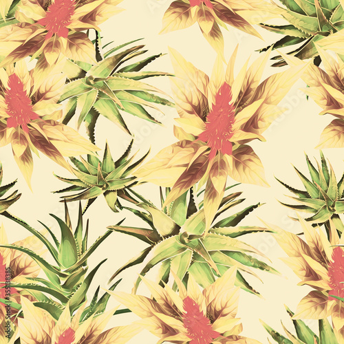 Aloe vera with tropical flowers  seamless pattern.