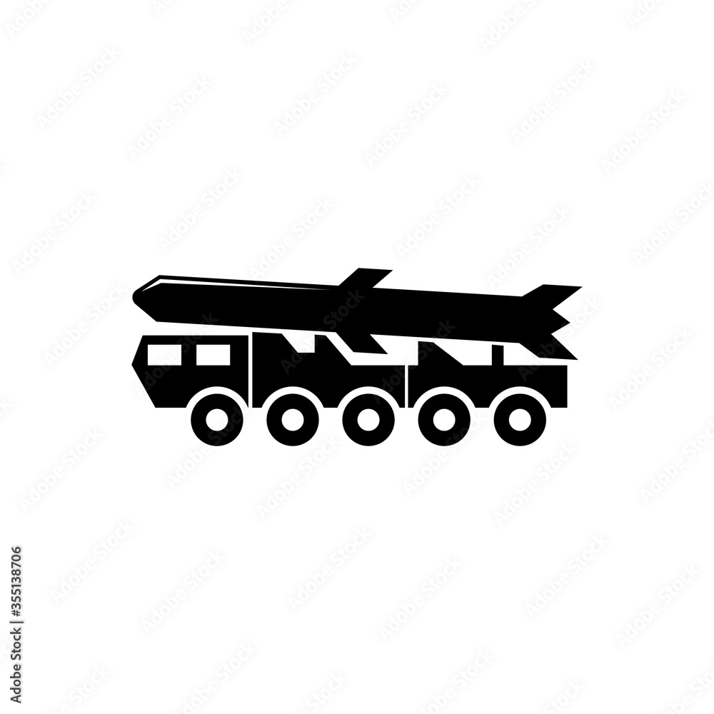 Ballistic Missile, Rocket Launcher Truck. Flat Vector Icon illustration. Simple black symbol on white background. Ballistic Missile, Rocket Launcher sign design template for web and mobile UI element.