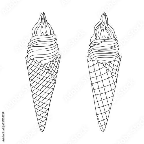 Two yummy ice cream in waffle cone on white isolated background. Food summer illustration with simple decor. For coloring book pages.