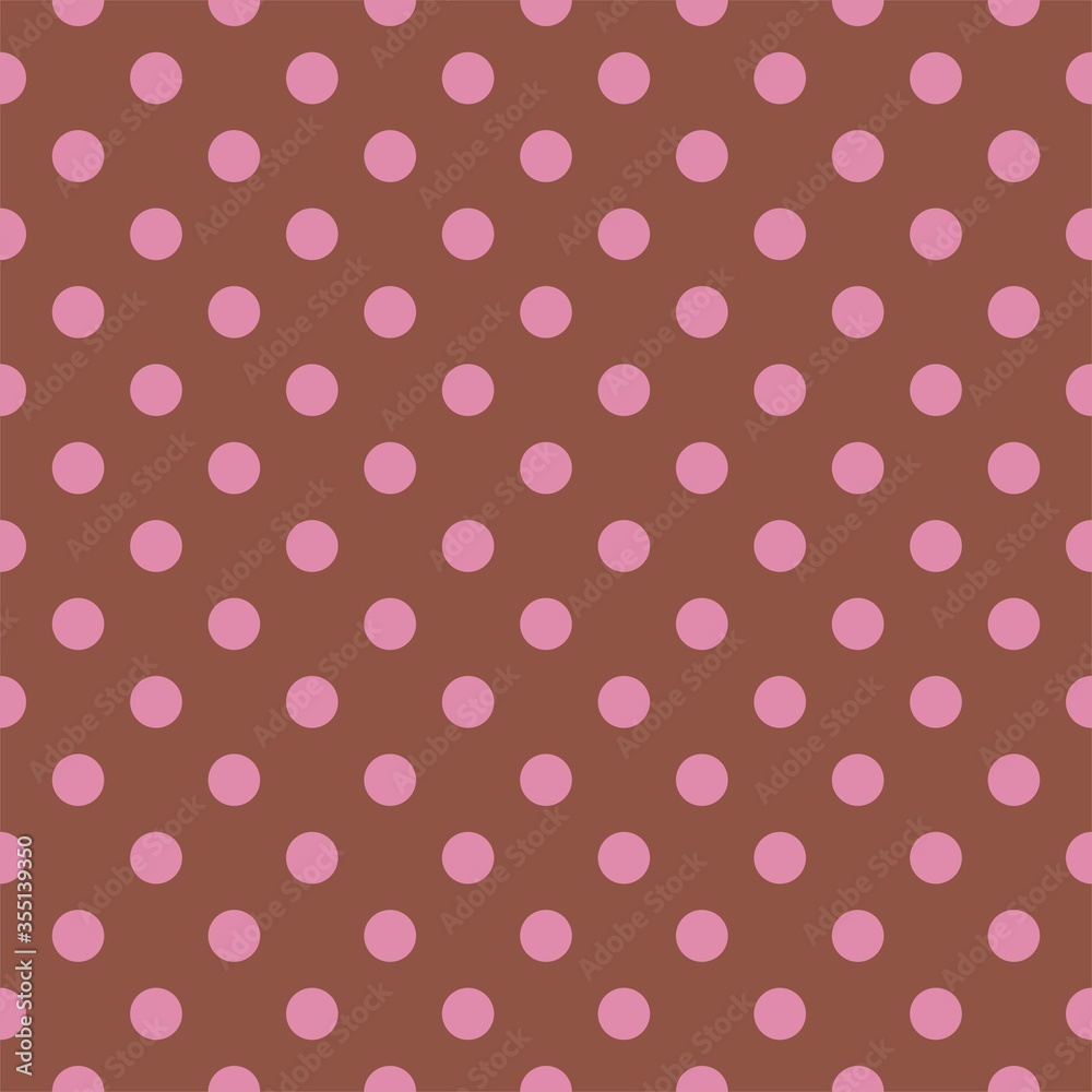 Seamless vector pattern with pastel pink polka dots on a dark chocolate brown background