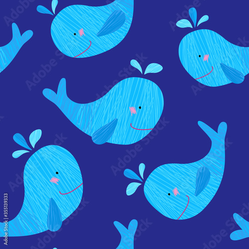 Drawings of whales for children. Vector animals drawn in kid's style. Seamless little whales pattern.