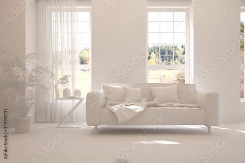 White stylish minimalist room with sofa and autumn landscape in window. Scandinavian interior design. 3D illustration © AntonSh