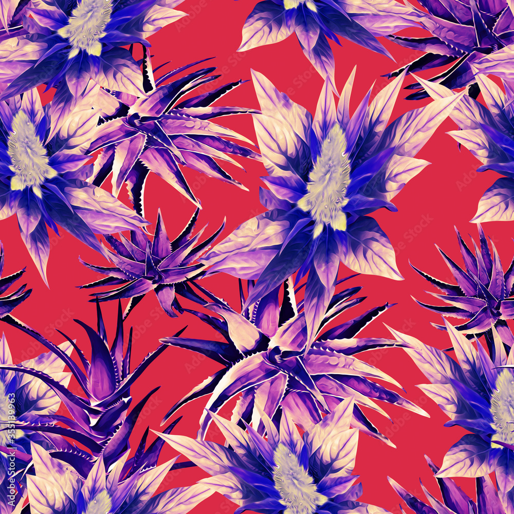 Aloe vera with tropical flowers, seamless pattern.