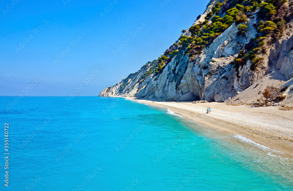 View of Egremni Beach, on Lefkada Island, in Greece, at Ionian Sea, one of the most beautiful beaches in Europe.
