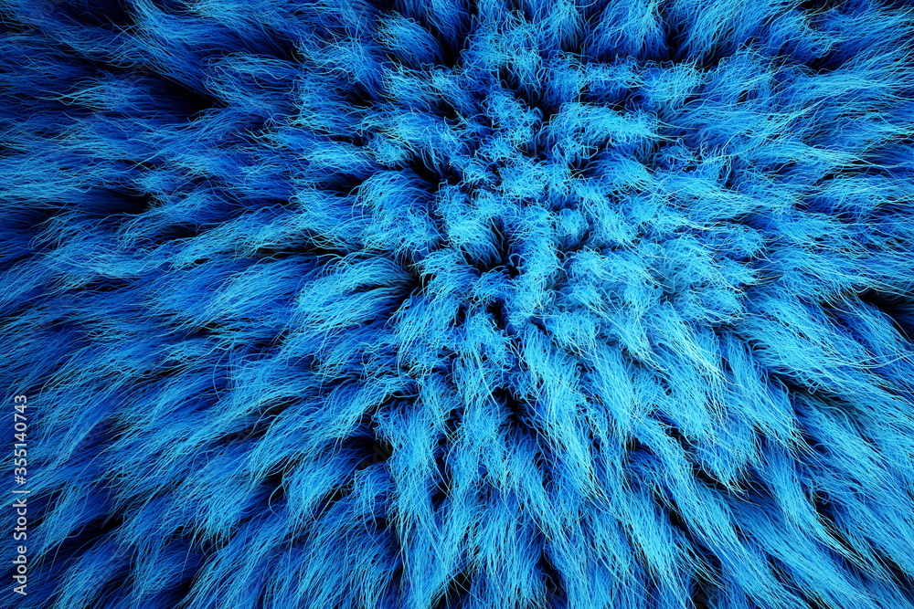 Obraz premium 3D Render of shaggy carpet with wool material for backgrounds texture, close up of soft attractive blue and fluffy. 