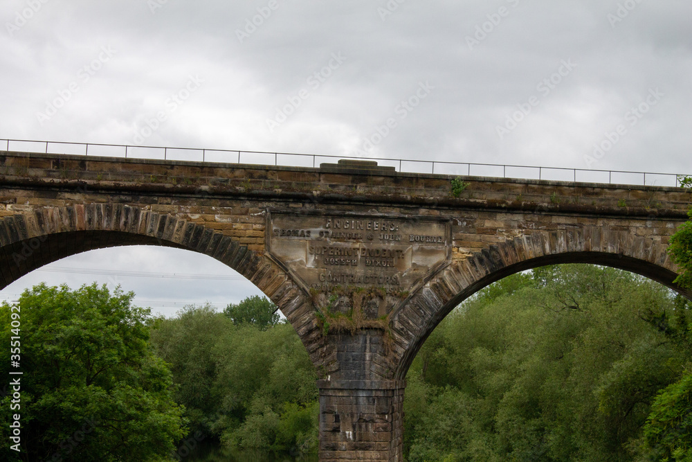 The historic market town of Yarm, north Yorkshire showing the brick railway viaduct