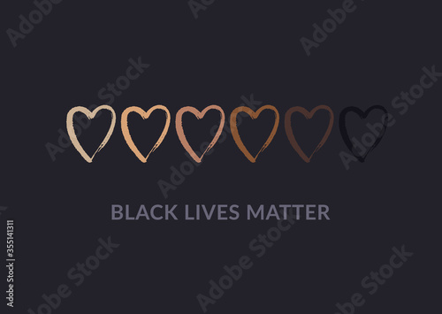 Row of hand drawn hearts colored from white to black with Black lives matter slogan. Anti racism and racial equality and tolerance banner. Vector illustration, social media template, dark background