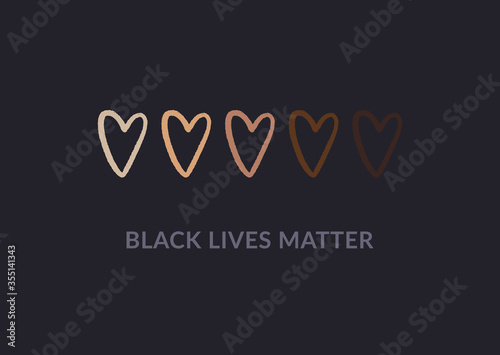 Row of hand drawn hearts colored from white to black with Black lives matter slogan. Anti racism and racial equality and tolerance banner. Vector illustration, social media template, dark background