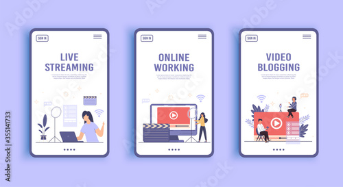 Live streaming, broadcast concept. Video podcast blogging landing page.