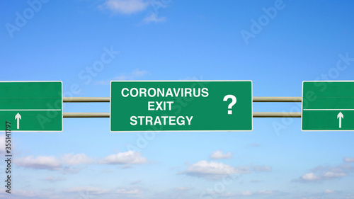 nCoronavirus Covid-19 Exit Strategy road sign with a question mark under a blue sky with white clouds. Coroa covid. photo
