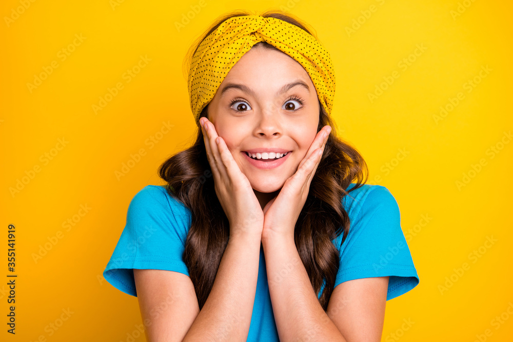 Portrait of astonished positive crazy girl kid hear incredible corona virus success novelty impressed wear good look stylish trendy clothes isolated over bright shine color background Portrait of astonished positive crazy girl kid hear incredible corona virus success novelty impressed wear good look stylish trendy clothes isolated over bright shine color background