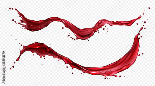 Horizontal splash of wine or red juice isolated on transparent background. Vector realistic set of liquid waves of flowing clear fruit drink, strawberry, grape or cherry juice