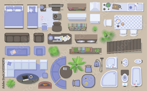 Icons set of interior (top view). Isolated Vector Illustration. Furniture and elements for living room, bedroom, kitchen, bathroom. Floor plan (view from above). Furniture store.