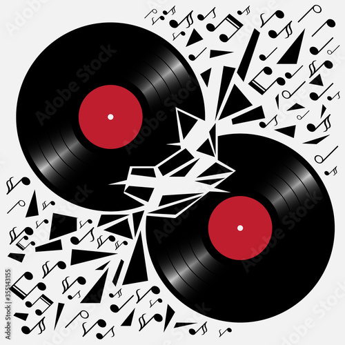 The musical battle. Crash vinyl records.  Illustration for club parties, concerts, albums, prints.