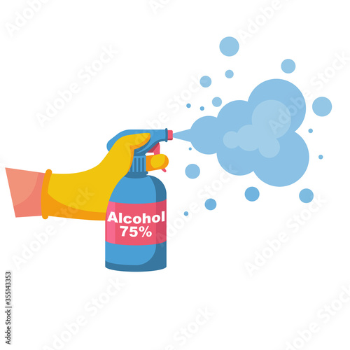 Bottle antibacterial alcohol 75 hold in hand. Hand washing, sanitary product for personal hygiene. Prevention coronavirus covid-19. Alcohol liquid flat icon. Vector illustration, flat design.