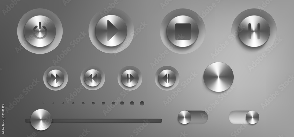 Music control panel with steel buttons, knobs, switch and volume slider. Vector realistic interface of audio or video application with silver buttons with play, stop, pause and power icons Music control panel with steel buttons, knobs, switch and volume slider. Vector realistic interface of audio or video application with silver buttons with play, stop, pause and power icons