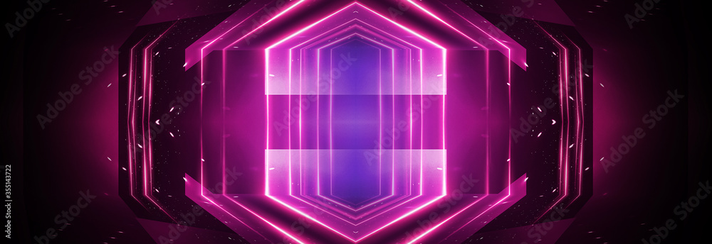 Background empty show scene. Ultraviolet dark abstract background. Geometric neon shapes, neon glow, blue and pink lighting. Night view, symmetrical reflection and perspective. Laser show, empty neon Background empty show scene. Ultraviolet dark abstract background. Geometric neon shapes, neon glow, blue and pink lighting. Night view, symmetrical reflection and perspective. Laser show, empty neon
