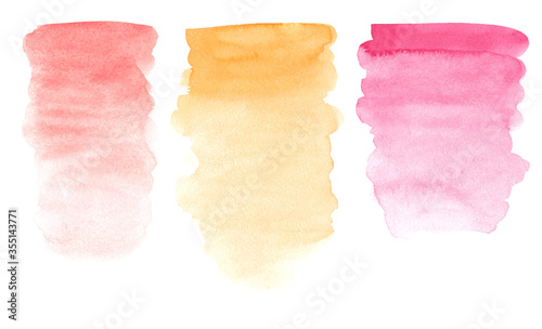 Watercolor decorative textured spots in bright pink, yellow and orange colors. Trendy paint texture streak and paint brush strokes. Elements hand painted isolated on white