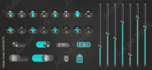 Control button with neon backlight. Media player interface, music or video bar, play, next, stop, pause signs. Ui navigation switchers on, off, volume, equalizers or slider, Realistic 3d vector set