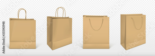 Paper shopping bags, mockup, square blank ecological packages with jute rope handles pack mock up for branding and corporate identity design isolated on transparent background, Realistic 3d vector set