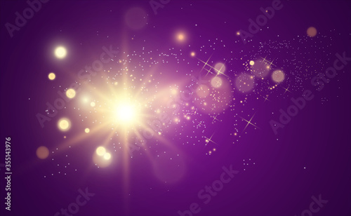 Beautiful golden vector illustration of a star on a translucent background with gold dust and glitters. A magnificent light base for your design.