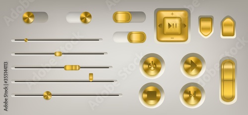 Music control panel with golden buttons, knobs, switch and volume slider. Vector realistic interface of audio or video application with gold colored buttons with play, stop, pause and power icons