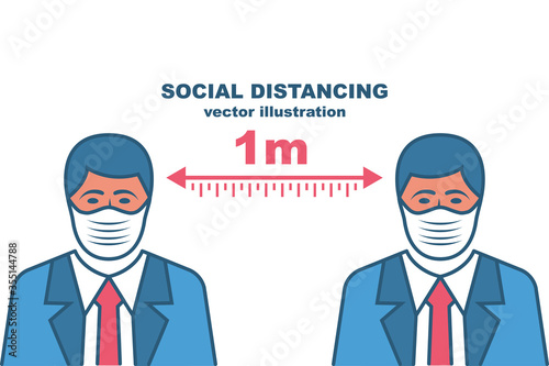 Social distancing concept. Landing page social awareness. People stand keep distance of 1 meter. People in protective masks. Coronavirus Prevention covid-19. Vector illustration flat design.