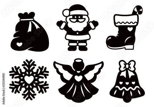 Set of Christmas decoration - silhouettes of angel, Santa Claus, bell, snowflake, bag, boot. Icon. Template for laser cutting, wood carving, paper cut. Decor for xmas tree. Vector. Christmas baubles