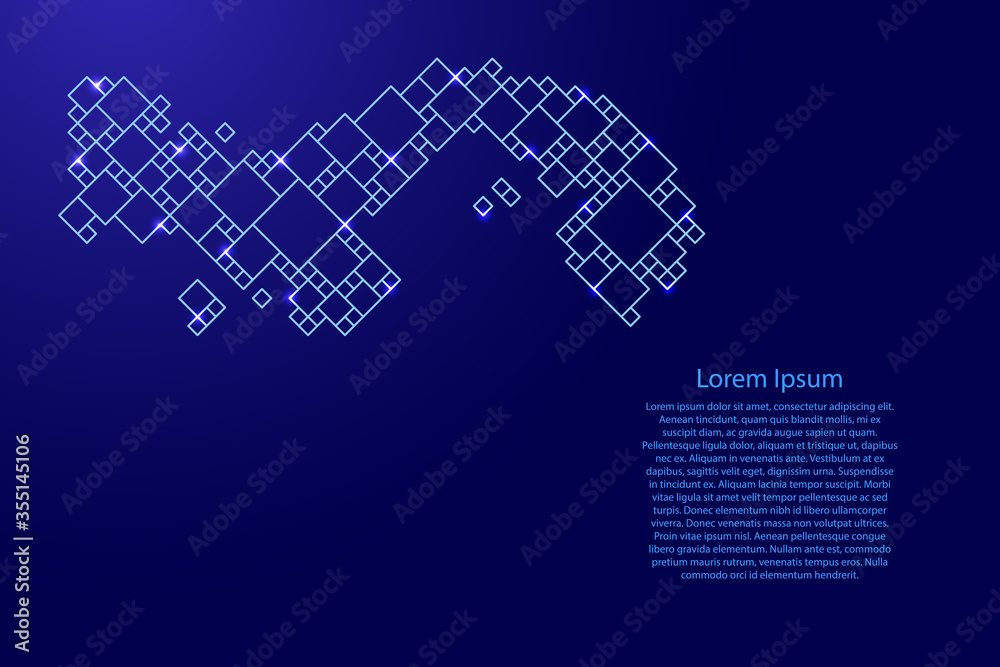 Panama map from blue pattern from a grid of squares of different sizes and glowing space stars. Vector illustration. Panama map from blue pattern from a grid of squares of different sizes and glowing space stars. Vector illustration.
