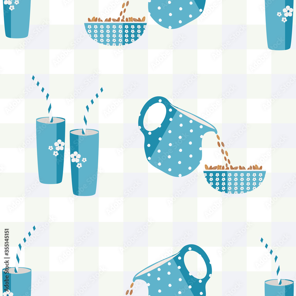 Almond milk vector seamless pattern background. Pretty blue drinks glasses and jugs pouring healthy nuts into bowls on pastel gingham backdrop. All over print for dairy alternative , nutrition concept